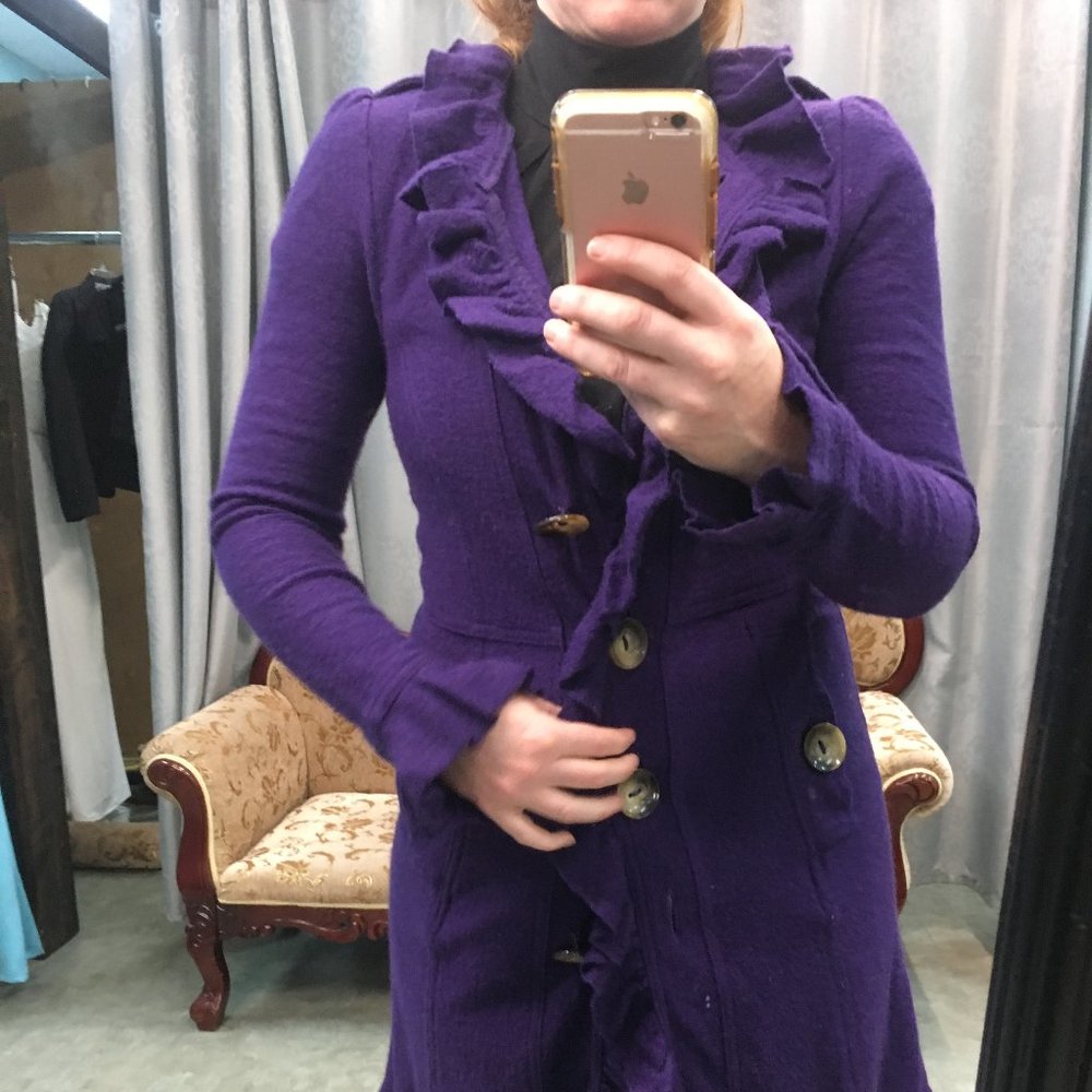 LUII Wool Purple Ruffle Front Jacket Coat Sweater - Picture 4 of 16